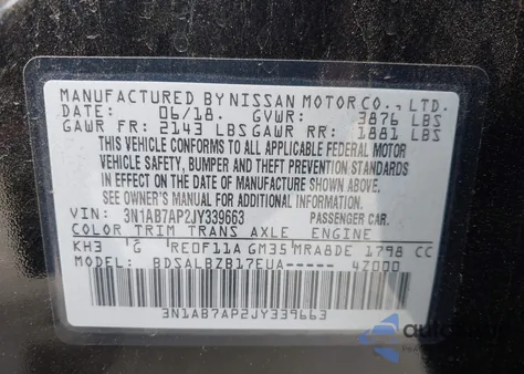 2018 Nissan Sentra S z USA, uszkodzony, nr VIN 3N1AB7AP2JY339663